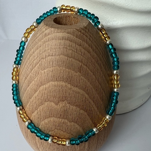 STRETCH Beaded Anklet with Blue and Gold Glass Beads - Picture 4 of 13